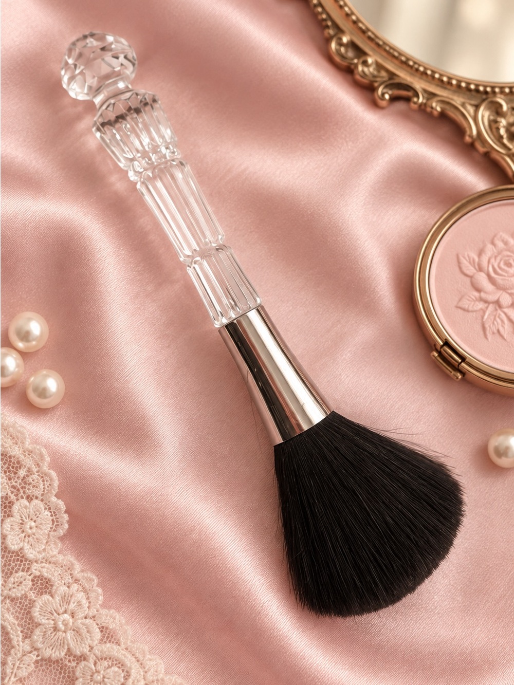 Vintage Makeup Face Brush with Clear Acrylic Handle - Black Bristles